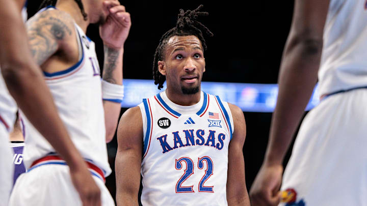 Mar 12, 2026; Kansas City, MO, USA; Kansas Jayhawks guard Darryn Peterson (22) during a break in play during the second half against the TCU Horned Frogs at T-Mobile Center. Mandatory Credit: William Purnell-Imagn Images