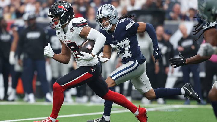 Houston Texans wide receiver Xavier Hutchinson (19) runs after the catch as. Dallas Cowboys cornerback Reddy Steward (27) during the second half at Reliant Stadium. Mandatory Credit: Troy Taormina-Imagn Images Houston Texans wide receiver Xavier Hutchinson (19) runs after the catch as. Dallas Cowboys cornerback Reddy Steward (27) during the second half at Reliant Stadium. Mandatory Credit: Troy Taormina-Imagn Images