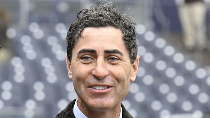 Mar 27, 2025; San Diego, California, USA; San Diego Padres general manager A.J. Preller looks on before an Opening Day baseball game between the San Diego Padres and the Atlanta Braves at Petco Park. Mandatory Credit: Denis Poroy-Imagn Images
Mar 27, 2025; San Diego, California, USA; San Diego Padres general manager A.J. Preller looks on before an Opening Day baseball game between the San Diego Padres and the Atlanta Braves at Petco Park. Mandatory Credit: Denis Poroy-Imagn Images