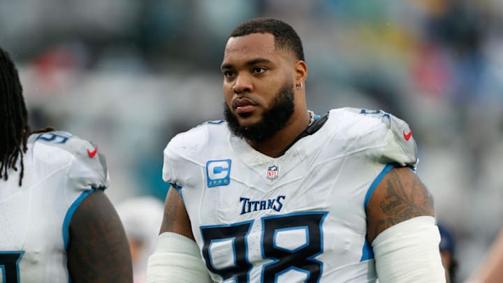 Dec 29, 2024; Jacksonville, Florida, USA; Tennessee Titans defensive tackle Jeffery Simmons (98) heads to the locker room for half time against the Jacksonville Jaguars at EverBank Stadium. Mandatory Credit: Morgan Tencza-Imagn Images