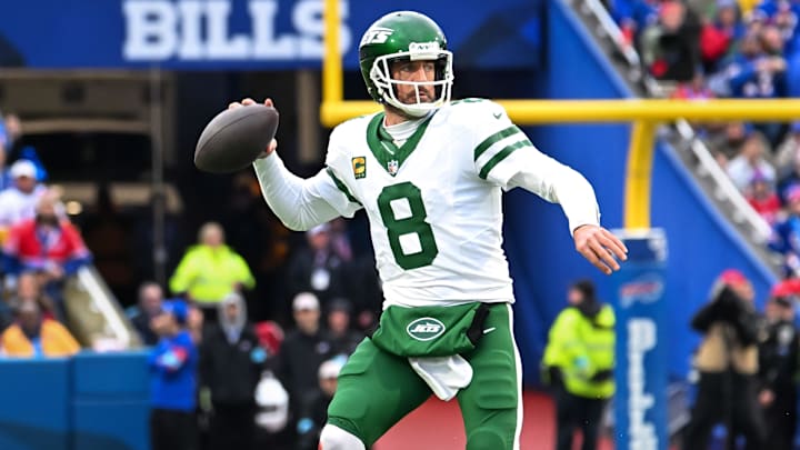 Dec 29, 2024; Orchard Park, New York, USA; New York Jets quarterback Aaron Rodgers (8) throws a pass in the first quarter against the Buffalo Bills at Highmark Stadium. Mandatory Credit: Mark Konezny-Imagn Images Dec 29, 2024; Orchard Park, New York, USA; New York Jets quarterback Aaron Rodgers (8) throws a pass in the first quarter against the Buffalo Bills at Highmark Stadium. Mandatory Credit: Mark Konezny-Imagn Images