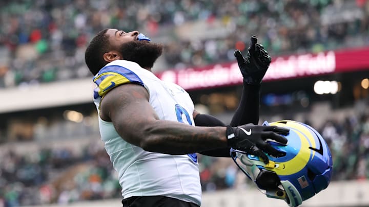 Jan 19, 2025; Philadelphia, Pennsylvania, USA; Los Angeles Rams linebacker Jared Verse (8) before action against the Philadelphia Eagles in a 2025 NFC divisional round game at Lincoln Financial Field. Mandatory Credit: Bill Streicher-Imagn Images