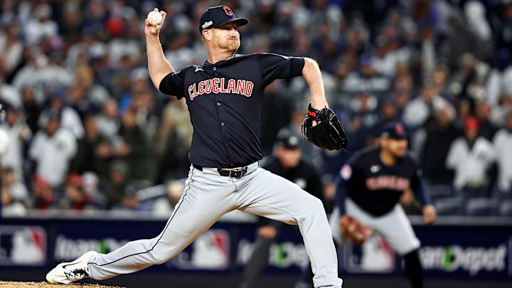 Oct 14, 2024; Bronx, New York, USA; Cleveland Guardians pitcher Alex Cobb (35) pitches during the second inning against the New York Yankees in game one of the ALCS for the 2024 MLB Playoffs at Yankee Stadium.