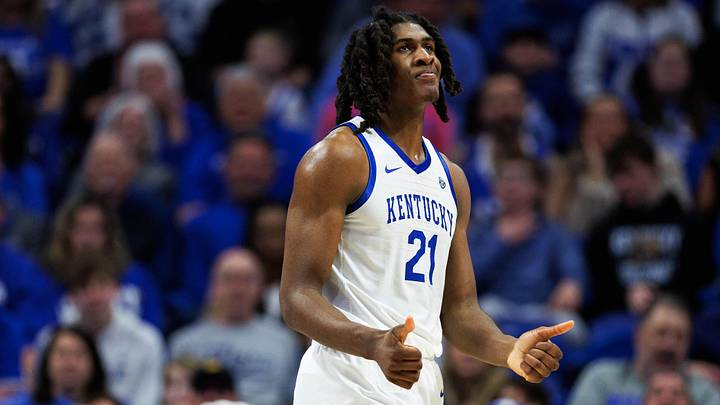 Jan 7, 2026; Lexington, Kentucky, USA; Kentucky Wildcats forward Jayden Quaintance (21) reacts during the second half against the Missouri Tigers at Rupp Arena at Central Bank Center. Mandatory Credit: Jordan Prather-Imagn Images