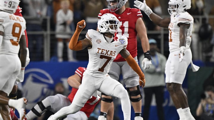Texas Longhorns defensive back Jahdae Barron celebrates after a sack during the second quarter of the College Football Playoff. Texas Longhorns defensive back Jahdae Barron celebrates after a sack during the second quarter of the College Football Playoff.