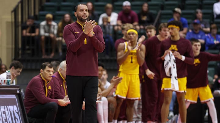 Nov 28, 2024; Orlando, Florida, USA; Minnesota Golden Gophers head coach Ben Johnson reacts after a play against the Wichita State Shockers in the second half at ESPN Wide World of Sports Complex. Mandatory Credit: Nathan Ray Seebeck-Imagn Images