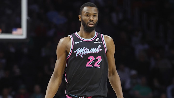 Jan 15, 2026; Miami, Florida, USA; Miami Heat forward Andrew Wiggins (22) brings the ball up court against the Boston Celtics during the first half at Kaseya Center. Mandatory Credit: Rhona Wise-Imagn Images