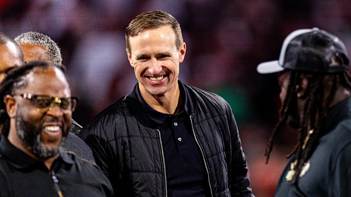 Nov 17, 2024; New Orleans, Louisiana, USA;  Former New Orleans Saints quarterback Drew Brees during the half time Ring of Honor ceremony for Jahri Evans at Caesars Superdome. Mandatory Credit: Stephen Lew-Imagn Images