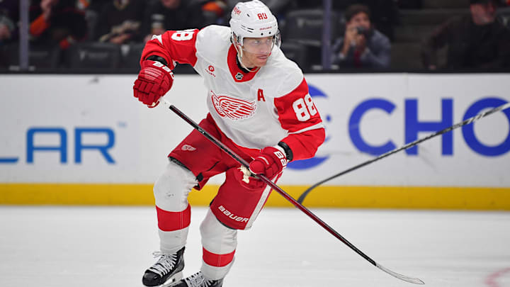 Nov 15, 2024; Anaheim, California, USA; Detroit Red Wings right wing Patrick Kane (88) in action against the Anaheim Ducks during the first period at Honda Center. Mandatory Credit: Gary A. Vasquez-Imagn Images