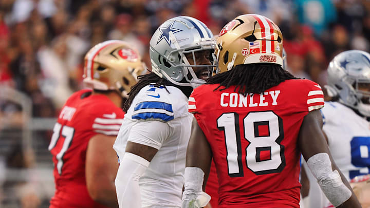 Dallas Cowboys cornerback Trevon Diggs (7) and San Francisco 49ers wide receiver Chris Conley (18)