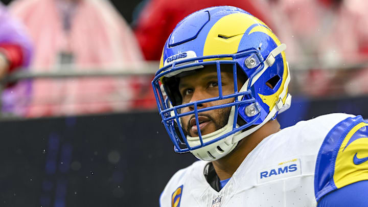 Aaron Donald surveys the field before a game against the Ravens.
