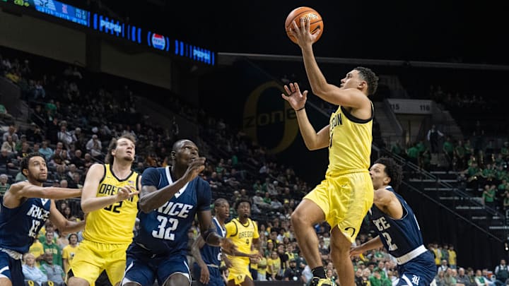 Oregon’s Jackson Shelstad goes up for a shot against Rice during the second half at Matthew Knight Arena in Eugene. Oregon’s Jackson Shelstad goes up for a shot against Rice during the second half at Matthew Knight Arena in Eugene.