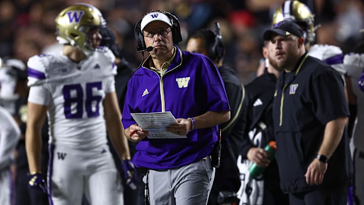 Sep 27, 2024; Piscataway, New Jersey, USA; Washington Huskies head coach Jedd Fisch looks on during the first half against the Rutgers Scarlet Knights at SHI Stadium. Mandatory Credit: Vincent Carchietta-Imagn Images