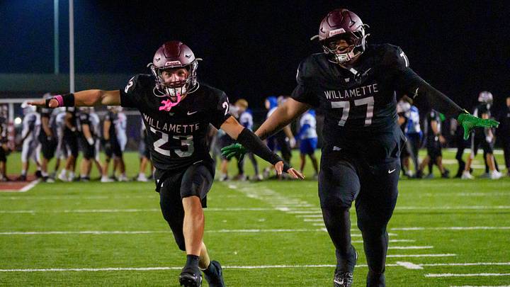Willamette running back Conner Harvey, left, and Willamette offensive guard Kaimana Nelson celebrate as the Willamette Wolverines host the Grants Pass Cavemen on Oct. 16, 2026 at Willamette High School in Eugene, Oregon. Willamette running back Conner Harvey, left, and Willamette offensive guard Kaimana Nelson celebrate as the Willamette Wolverines host the Grants Pass Cavemen on Oct. 16, 2026 at Willamette High School in Eugene, Oregon.