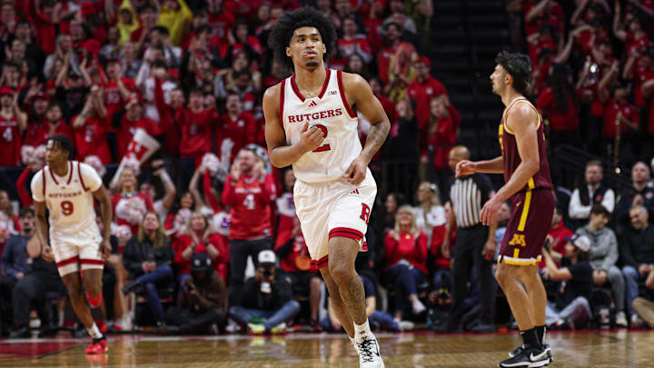 Mar 9, 2025; Piscataway, New Jersey, USA; Rutgers Scarlet Knights guard Dylan Harper (2) runs up court after a basket against the Minnesota Golden Gophers during the first half at Jersey Mike's Arena. Mandatory Credit: Vincent Carchietta-Imagn Images