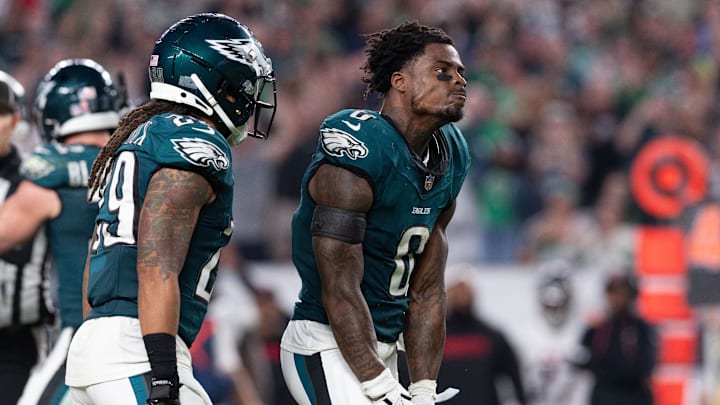 Sep 16, 2024; Philadelphia, Pennsylvania, USA; Philadelphia Eagles safety C.J. Gardner-Johnson (8) reacts after a fourth down stop against the Atlanta Falcons during the fourth quarter at Lincoln Financial Field. Mandatory Credit: Bill Streicher-Imagn Images