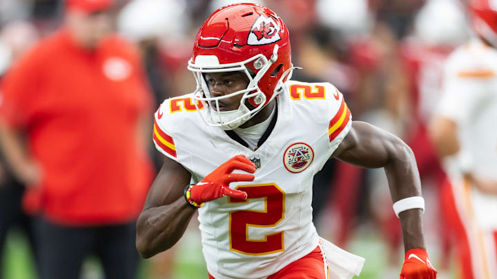 Aug 9, 2025; Glendale, Arizona, USA; Kansas City Chiefs wide receiver Tyquan Thornton (2) against the Arizona Cardinals during a preseason NFL game at State Farm Stadium. Mandatory Credit: Mark J. Rebilas-Imagn Images
