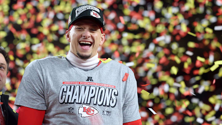 Jan 26, 2025; Kansas City, MO, USA; Kansas City Chiefs quarterback Patrick Mahomes (15) reacts on stage after the AFC Championship game against the Buffalo Bills at GEHA Field at Arrowhead Stadium. Mandatory Credit: Mark J. Rebilas-Imagn Images