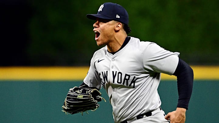 Oct 19, 2024; Cleveland, Ohio, USA; New York Yankees outfielder Juan Soto (22) celebrates after making the final out to beat the Cleveland Guardians during game five of the ALCS for the 2024 MLB playoffs at Progressive Field