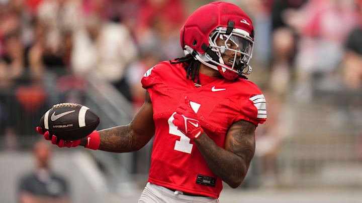 Wide receiver Jeremiah Smith (4) scores a touchdown during the Ohio State football spring game at Ohio Stadium in Columbus on April 18, 2026.
