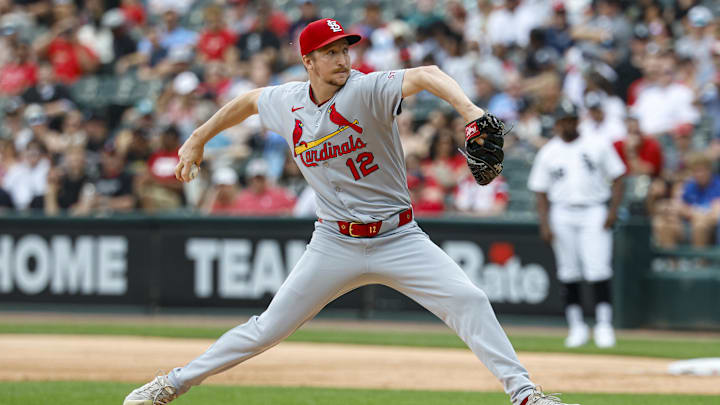 Jun 19, 2025; Chicago, Illinois, USA; St. Louis Cardinals starting pitcher Erick Fedde (12) delivers a pitch against the Chicago White Sox during the first inning of game one of the doubleheader at Rate Field. Mandatory Credit: Kamil Krzaczynski-Imagn Images