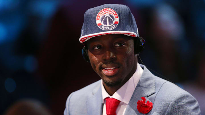 Jun 25, 2015; Brooklyn, NY, USA; Jerian Grant (Notre Dame) is interviewed after being selected as the number nineteen overall pick to the Washington Wizards in the first round of the 2015 NBA Draft at Barclays Center. 