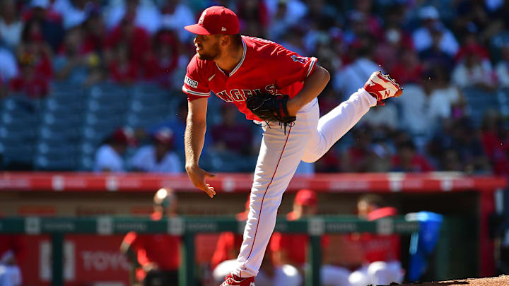Jul 19, 2023; Anaheim, California, USA; Los Angeles Angels starting pitcher Chase Silseth (63)