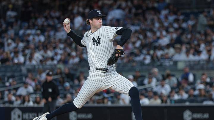 Apr 17, 2026; Bronx, New York, USA; New York Yankees pitcher Cam Schlittler (31) delivers a pitchduring the third inning against the Kansas City Royals at Yankee Stadium. Mandatory Credit: Vincent Carchietta-Imagn Images