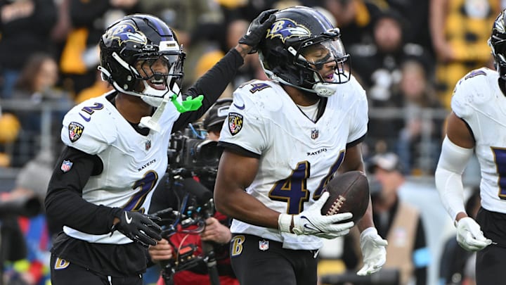 Nov 17, 2024; Pittsburgh, Pennsylvania, USA; Baltimore Ravens cornerback Marlon Humphrey (44) celebrates with Nate Wiggins (2) after ntercepting a pass in the end zone against the Pittsburgh Steelers during the fourth quarter at Acrisure Stadium. Mandatory Credit: Barry Reeger-Imagn Images