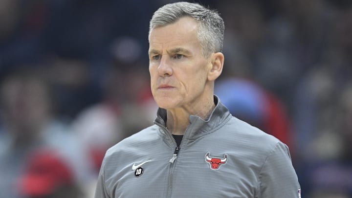 Apr 8, 2025; Cleveland, Ohio, USA; Chicago Bulls head coach Billy Donovan stands on the court in the first quarter against the Cleveland Cavaliers at Rocket Arena. Mandatory Credit: David Richard-Imagn Images