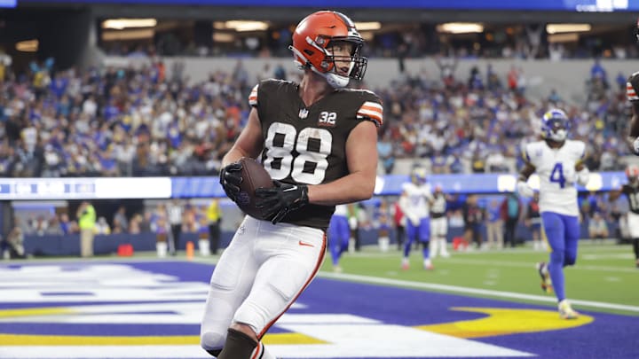 Dec 3, 2023; Inglewood, California, USA; Cleveland Browns tight end Harrison Bryant (88) scores a touchdown during the second half in a game against the Los Angeles Rams at SoFi Stadium.