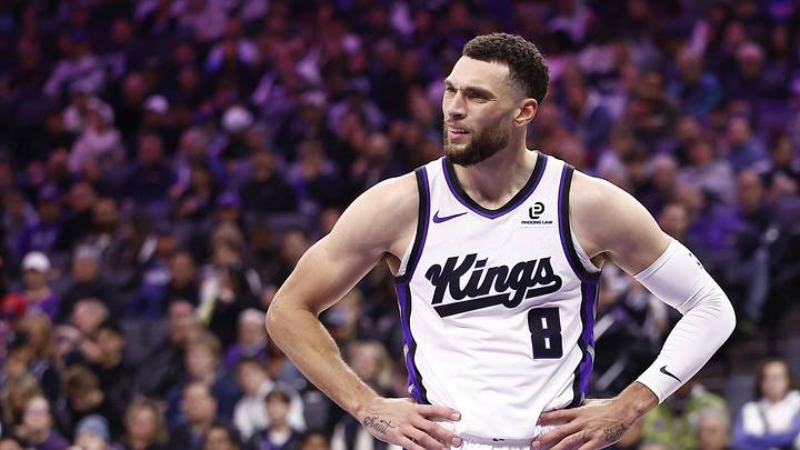 Nov 30, 2025; Sacramento, California, USA; Sacramento Kings guard Zach LaVine (8) reacts after a play against the Memphis Grizzlies during the second quarter at Golden 1 Center. Nov 30, 2025; Sacramento, California, USA; Sacramento Kings guard Zach LaVine (8) reacts after a play against the Memphis Grizzlies during the second quarter at Golden 1 Center.
