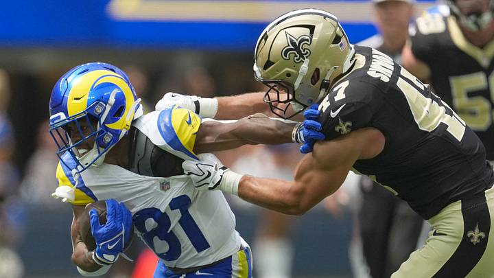 Aug 22, 2026; Inglewood, California, USA; Los Angeles Rams wide receiver Brennan Presley (81) carries the ball against New Orleans Saints cornerback Martin Emerson Jr. (47) in the first half at SoFi Stadium. Mandatory Credit: Kirby Lee-Imagn Images Aug 22, 2026; Inglewood, California, USA; Los Angeles Rams wide receiver Brennan Presley (81) carries the ball against New Orleans Saints cornerback Martin Emerson Jr. (47) in the first half at SoFi Stadium. Mandatory Credit: Kirby Lee-Imagn Images