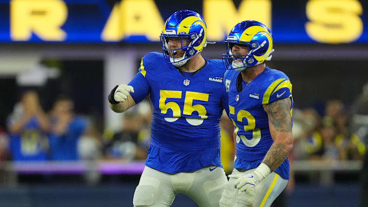 Oct 2, 2025; Inglewood, California, USA; Los Angeles Rams linebacker Nate Landman (53) and defensive end Braden Fiske (55) react against the San Francisco 49ers during the second half at SoFi Stadium. Mandatory Credit: Kirby Lee-Imagn Images Oct 2, 2025; Inglewood, California, USA; Los Angeles Rams linebacker Nate Landman (53) and defensive end Braden Fiske (55) react against the San Francisco 49ers during the second half at SoFi Stadium. Mandatory Credit: Kirby Lee-Imagn Images
