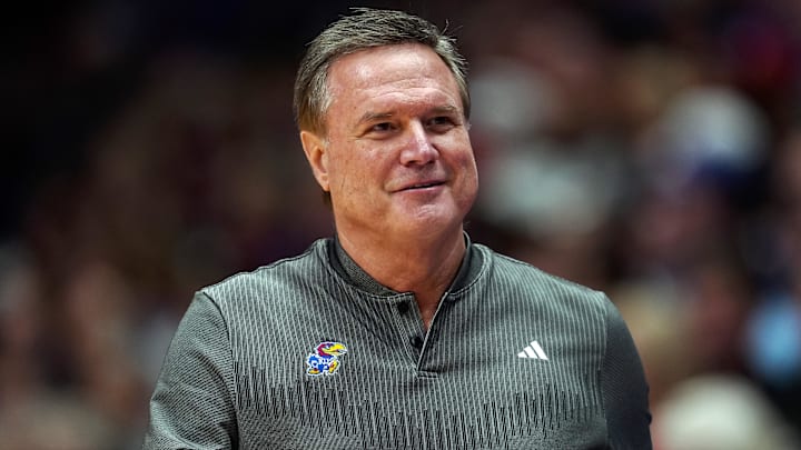 Nov 19, 2024; Lawrence, Kansas, USA; Kansas Jayhawks head coach Bill Self reacts during the second half against the North Carolina-Wilmington Seahawks at Allen Fieldhouse. Mandatory Credit: Jay Biggerstaff-Imagn Images