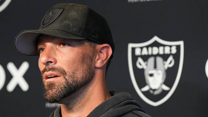 Jun 3, 2026; Henderson, NV, USA; Las Vegas Raiders defensive coordinator Rob Leonard speaks during a news conference during organized team activities at Intermountain Health Performance Center. Mandatory Credit: Candice Ward-Imagn Images