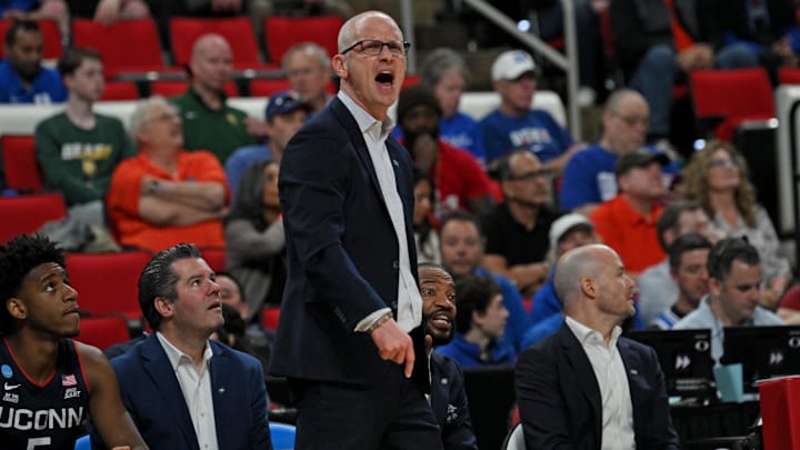 Mar 23, 2025; Raleigh, NC, USA; Connecticut Huskies head coach Dan Hurley reacts during the first half against the Florida Gators in the second round of the NCAA Tournament at Lenovo Center. Mandatory Credit: Zachary Taft-Imagn Images Mar 23, 2025; Raleigh, NC, USA; Connecticut Huskies head coach Dan Hurley reacts during the first half against the Florida Gators in the second round of the NCAA Tournament at Lenovo Center. Mandatory Credit: Zachary Taft-Imagn Images