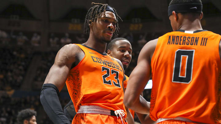 Jan 11, 2022; Morgantown, West Virginia, USA; Oklahoma State Cowboys forward Tyreek Smith (23)