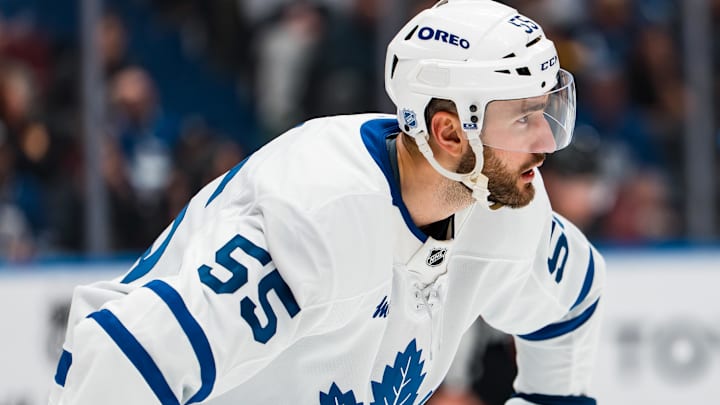 Jan 31, 2026; Vancouver, British Columbia, CAN; Toronto Maple Leafs forward Nicolas Roy (55) during a stop in play against the Vancouver Canucks in the second period at Rogers Arena. Mandatory Credit: Bob Frid-Imagn Images