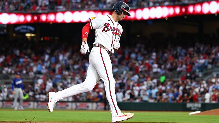Aug 26, 2026; Cumberland, Georgia, USA;  Atlanta Braves first baseman Matt Olson (28) rounds third base after hitting a solo home run against the Los Angeles Dodgers in the first inning at Truist Park.  Mandatory Credit: Colin Hubbard-Imagn Images