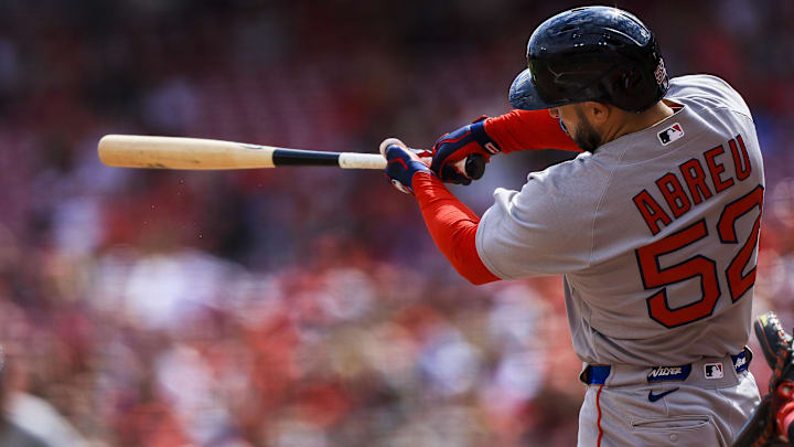 Mar 29, 2026; Cincinnati, Ohio, USA; Boston Red Sox outfielder Wilyer Abreu (52) hits a two-run home run in the fourth inning against the Cincinnati Reds at Great American Ball Park. Mandatory Credit: Katie Stratman-Imagn Images