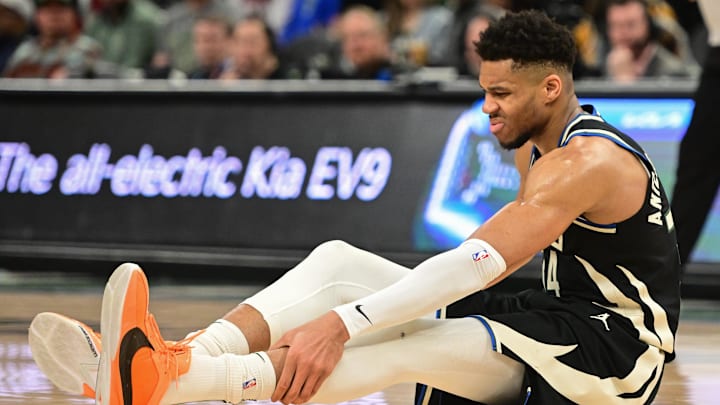 Apr 9, 2024; Milwaukee, Wisconsin, USA; Milwaukee Bucks forward Giannis Antetokounmpo (34) grabs his