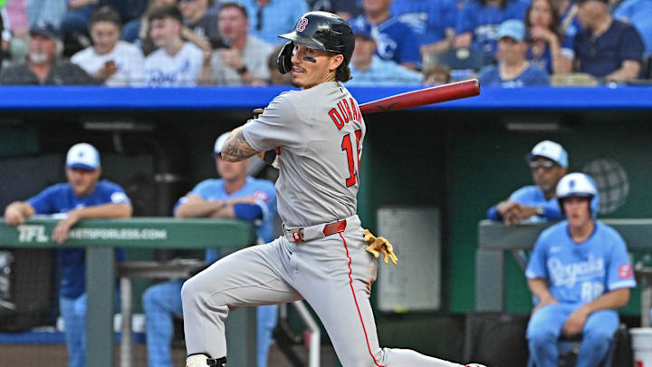May 10, 2025; Kansas City, Missouri, USA;  Boston Red Sox left fielder Jarren Duran (16) at bat in the seventh inning against the Kansas City Royals at Kauffman Stadium. Mandatory Credit: Peter Aiken-Imagn Images