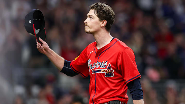 Sep 27, 2024; Atlanta, Georgia, USA; Atlanta Braves starting pitcher Max Fried (54) tips his hat to the crowd after being removed from a game against the Kansas City Royals in the ninth inning at Truist Park. Mandatory Credit: Brett Davis-Imagn Images