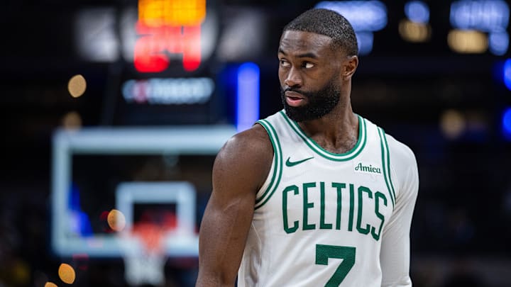 Dec 26, 2025; Indianapolis, Indiana, USA; Boston Celtics guard/forward Jaylen Brown (7) in the second half against the Indiana Pacers at Gainbridge Fieldhouse. Mandatory Credit: Trevor Ruszkowski-Imagn Images