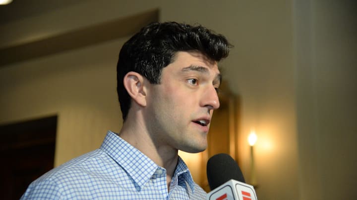 Nov 13, 2019; Scottsdale, AZ, USA; Boston Red Sox chief baseball officer Chaim Bloom speaks with members of the media during general managers meetings at the Omni Scottsdale Resort & Spa at Montelucia Mandatory Credit: Joe Camporeale-Imagn Images