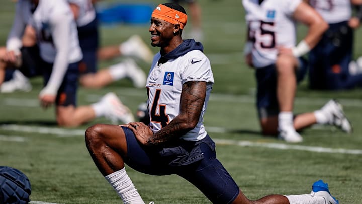 Jul 23, 2025; Englewood, CO, USA; Denver Broncos wide receiver Courtland Sutton (14) during Denver Broncos Training Camp. Mandatory Credit: Isaiah J. Downing-Imagn Images