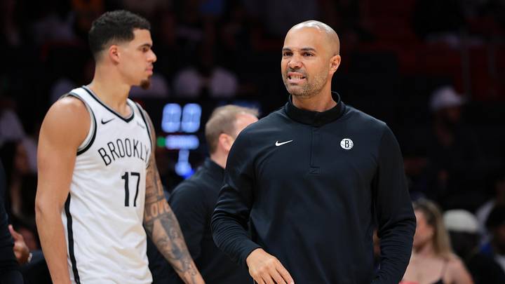Mar 3, 2026; Miami, Florida, USA; Brooklyn Nets head coach Jordi Fernandez reacts during a timeout against the Miami Heat in the first quarter at Kaseya Center. Mandatory Credit: Sam Navarro-Imagn Images