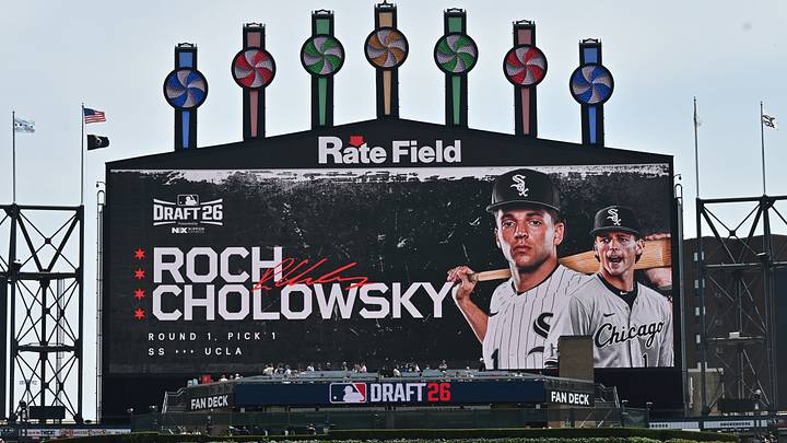 Jul 11, 2026; Chicago, Illinois, USA; The scoreboard is seen as the Chicago White Sox select Roch Cholowsky for the number one draft pick in the 2026 MLB Draft before a game between the Chicago White Sox and the Athletics at Rate Field. Mandatory Credit: Patrick Gorski-Imagn Images