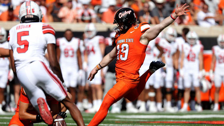 Oklahoma State's Logan Ward (19) kicks a field goal in the first half of the college football between the Oklahoma State University Cowboys and the Utah Utes at Boone Pickens Stadium in Stillwater, Okla., Saturday, Sept., 21, 2024.